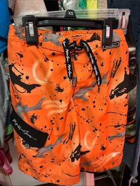 Maui and Sons Kids Orange Shark Print Swim Trunks